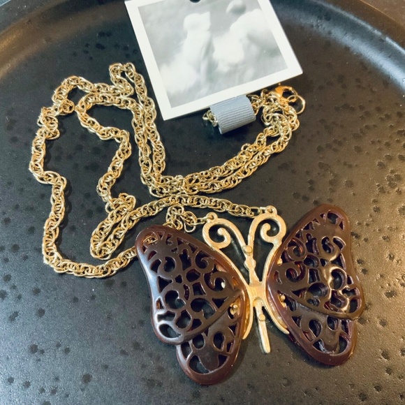 ANTHROPOLOGIE NECKLACE NWT UNIQUE BUTTERFLY- LONG Tortoise Shell Boho Retro Vibe - Picture 10 of 12